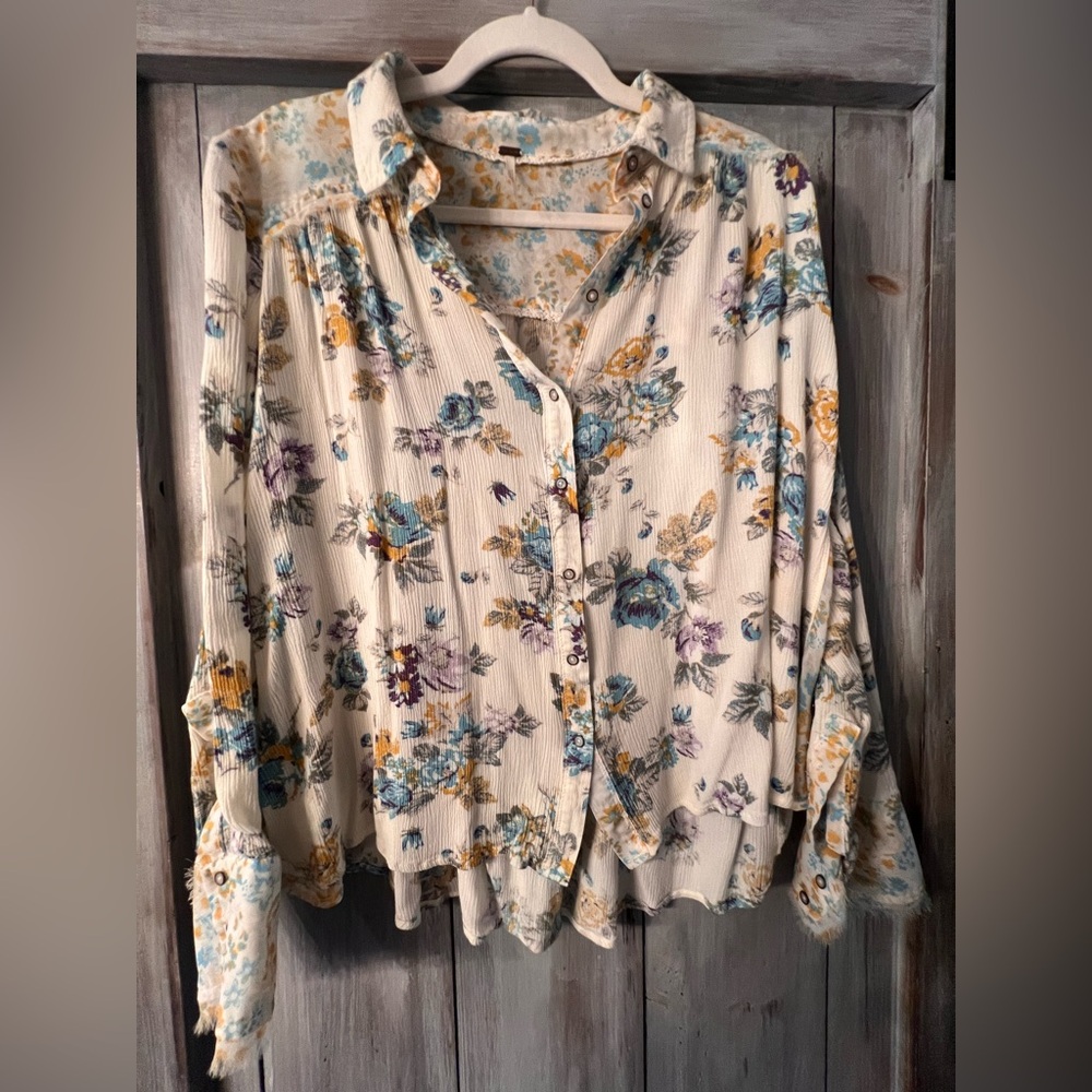 Free People Cream Button-Down Floral Blouse with Blue & Mustard Accents